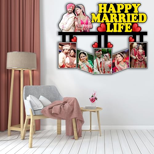 Image of Shrikant Art Personalized inchHappy Married Life inch Multi-Photo Collage Wall Hanging - Large 15x12 Inch Custom Wooden Wedding Frame with 5 Photo Slots and Heart Accents