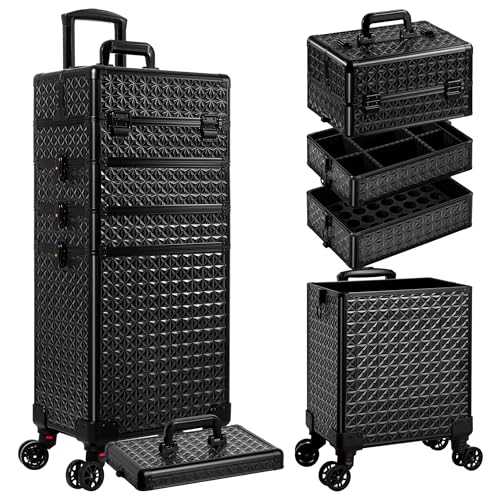 AROUS 5 in 1 Rolling Makeup Train Case Cosmetology Case on Wheels Large Cosmetic Organizer Travel Cart for Hairstylist Artist Nail Beauty Salon Barber,Black
