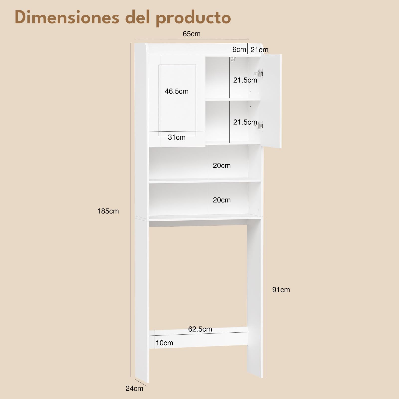 BEWISHOME Estantería sobre Lavadora,Mueble para Lavadora con Estantes Ajustables,2 Puertas y 2 Espacios Abiertos,Armario instalable sobre Lavadora,Inodoro y Secadora,24×65×185 cm,Blanco EYYG19W