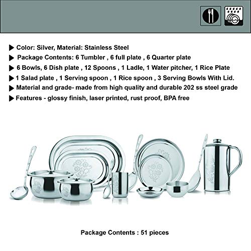 Image of Stainless Steel Ruby Dinner Set | Set of 51 Pieces | Silver
