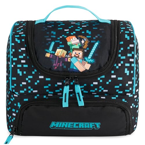 Get Trend Minecraft Kids Insulated Lunch Bag Dual Compartment Lightweight Cooler Bag with Handle for Kids Lunch Box & Snacks Travel School & Picnic Food Carrier Gamer Gifts for Boys (Blue/Black)