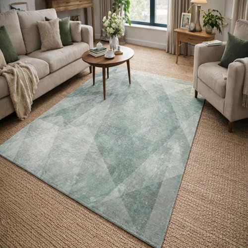 Tapis lavable et antidérapant 150x150 vert gris abstrait géométrique - 2