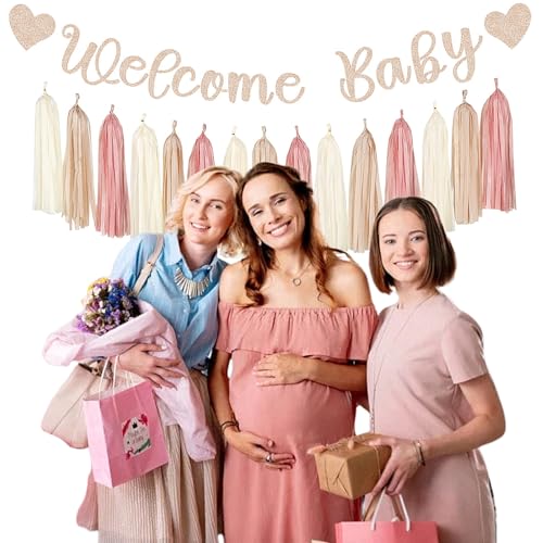 Image of Blush-Pink Rose-Gold Fall Baby-Shower Party-Decorations - 31pcs Welcome Home Banner Sign,Neutral Paper Lanterns,Girl Streamers Garland,Boho Hanging Tissue Pom Poms Flowers Fans Backdrop Decor Burgleda