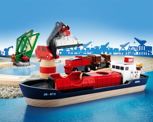 BRIO World 33061 Container Hafen Set - Mit Hafenbrücke und beweglichem Kran zum Beladen des Frachtschiffes - Geeignet für Kinder ab 3 Jahren