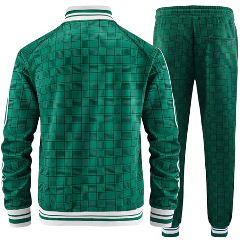 Men Tracksuits Full-zip Long Sleeve Plaid Track Jackets and Pants 2 Piece3