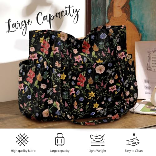Corduroy Tote Bag for Women,Large Capacity Cute Tote Bags With 6 Pockets,Crossbody Shoulder Handbag for Work Travel Gym (Black Retro Floral) - image 8