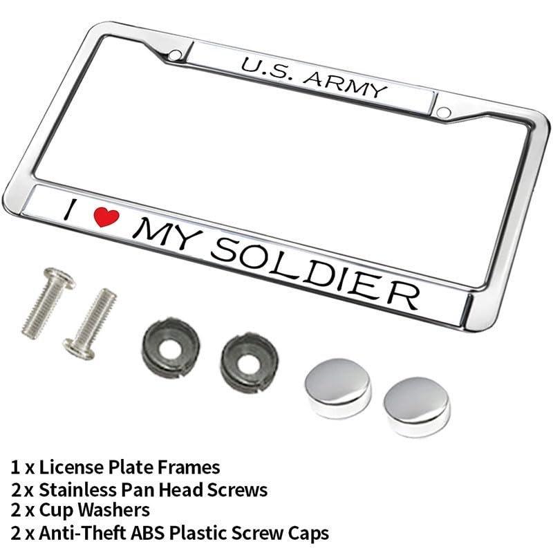 Image of I Love My Soldier License Plate Frame, Stainless Steel Metal Tag Holder | Show support for your active service member with this durable metal license frame, built weather-resistant to last.
