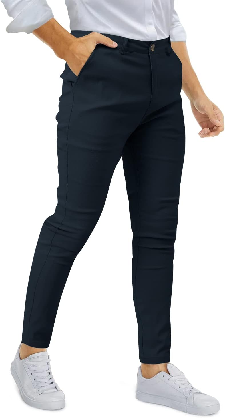 Woenzaia Men's Slim Fit Dress Pants Casual Stretchy Twill Chinos Tapered Skinny Slacks