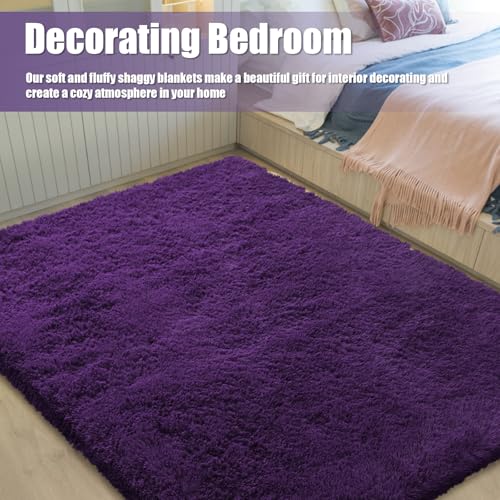 Shag Area Rug for Bedroom 3x5,Purple Fluffy Area Rugs for Living Room,Soft Fuzzy Rug Non-Shedding Indoor Plush Carpet for Kids Bedroom Nursery Dorm Home Decor