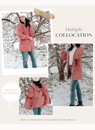 Image of Dokotoo Womens 2025 Winter Long Sleeve Solid Fuzzy Fleece Open Front Hooded Cardigans Jacket Coats Outerwear with Pocket