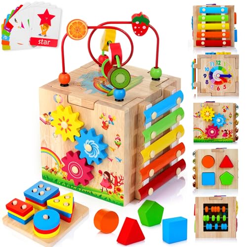 Image of HELLOWOOD Wooden Activity Cube, 8-in-1 Montessori Baby Toys for 1+ Year Old Boys & Girls, Educational Learning Toys for Toddlers Age 1-2, 1st Birthday Gift | Bonus Sorting & Stacking Board