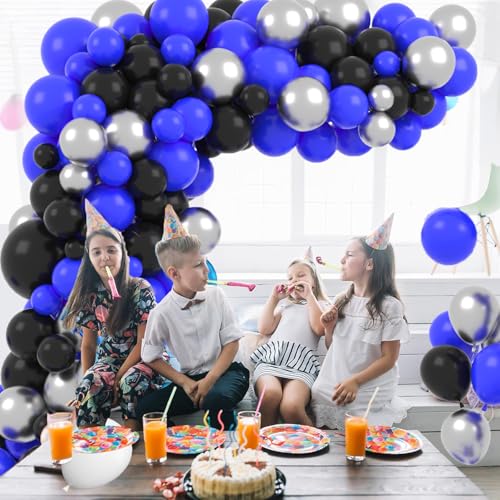Image of Royal Blue Black Balloon Garland Kit, 121 PCS DIY Balloon Arch with Blue Black Metallic Silver Balloons Video Gaming Party Supplies for Boys Men 30th 40th Birthday Retirement Grads Party Decorations