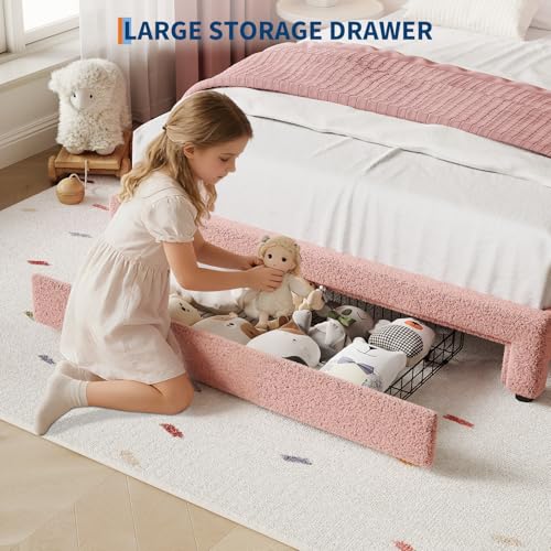 Image of GarveeHome Bed Frame with LED Headboard for Kids, Sherpa Upholstered Platform Bed Frame with Storage Drawer and Wood Slat Support, No Box Spring Required, Easy to Assemble (Pink, Twin)