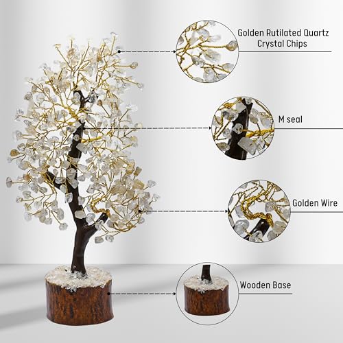 Image of Certified Gold Rutilated Quartz Crystal Tree for Good Luck - Healing Crystals Money Tree for Wealth, Positive Energy at Home Office - Decorative Spiritual Gifts for Vastu, House Warming