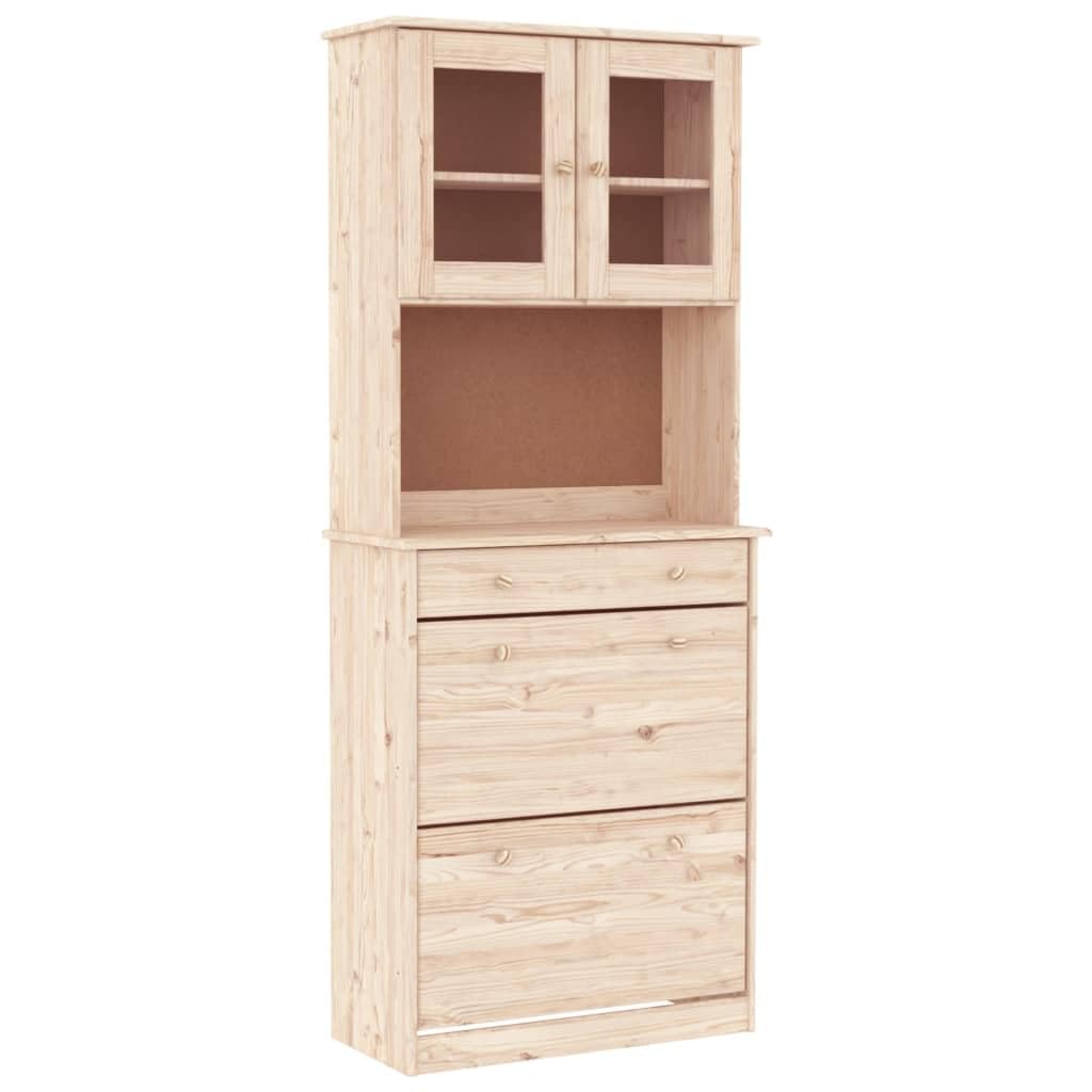 Tablero alto de madera maciza de pino Alta, 77 x 35 x 188 cm, con puertas de cristal y cajón para el salón, espacio de almacenamiento. Este robusto tablero de madera maciza de pino ofrece un