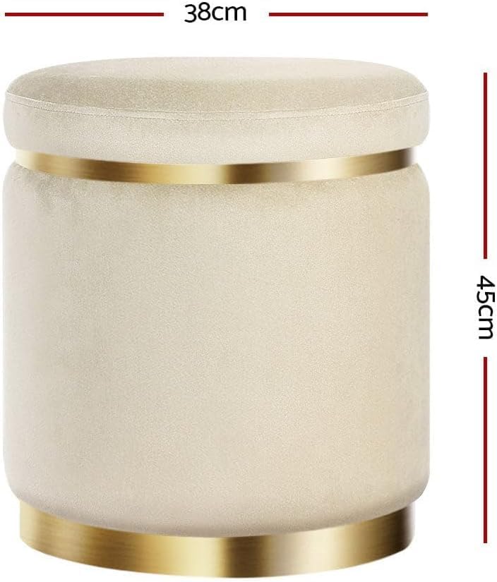 Image of Velvet Puffy Ottoman Stool, Round Footrest with Diamond Quilting and Gold Base, Grey, for Living Room, Bedroom and Dressing Area Grey (Cream)