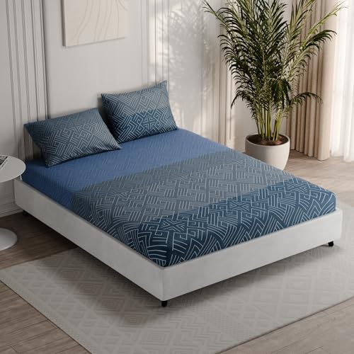 Image of BLISSHOME Everlast 150TC King Size Fitted Bedsheet with 2 Pillow Covers, Aesthetic Bedding, Wrinkle Resistant, 100+ Wash Durable, Quick Dry, Geometric Pattern - Teal (183cm x 198cm + 25cm Drop)