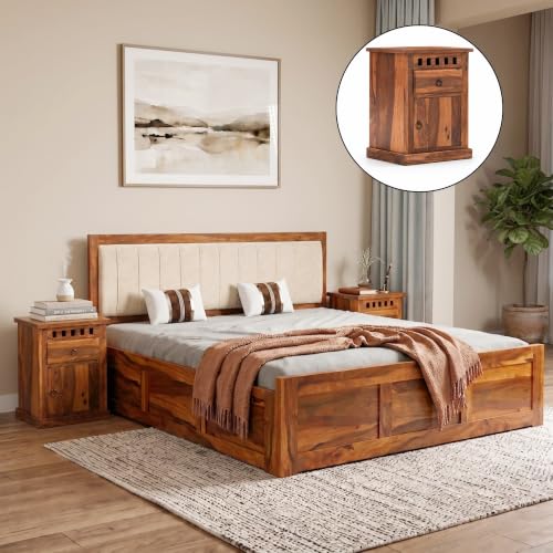Image of SONA ART & CRAFTS Veronica Solid Sheesham Wood Bed Queen Size with Storage Box + 2 Side Tables | Wooden Bed Queen Size Cot | Upholstered Beds | Double Bed with Storage Box - Natural Finish
