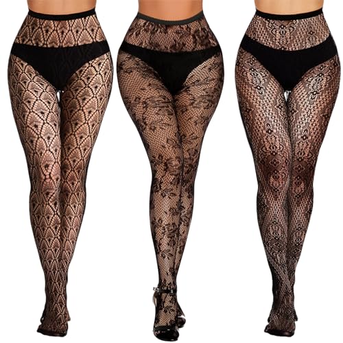 Buauty 3 Pcs Lace Patterned Fishnet Tights for Women Black Fishnets Leggings Lace Tights