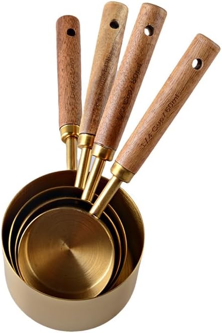 4PCS Stainless Steel Measuring Cup Set with Scale Wooden Handle Coffee Beans Cup Kitchen Dining Bar Baking Tools, Gold (60 ml, 80 ml, 125 ml, 250 ml)