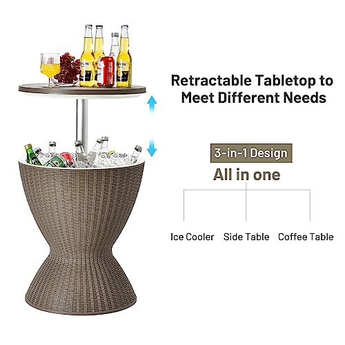 Image of Tangkula Outdoor Cool Bar Table, Rattan Style Patio 8 Gallon Beer and Wine Cooler, All-Weather Ice Bucket w /Height Adjustable Top, Drainage Plug, 3-in-1 Cocktail Coffee Table for Party, Pool (Coffee)