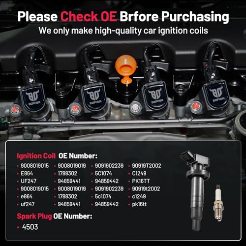 Image of BDFHYK Ignition Coil Pack UF247 and Iridium Spark Plug 4503 Compatible with Toyota Corolla 2005 2006 Toyota Celica 2003-2008 Toyota Matrix Pontiac Vibe Chevy Prizm Toyota Coil Pack 1.8L Set of 4