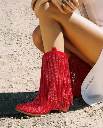 Image of Cowboy Boots for Women - Cowgirl Western Rhinestone Sparkly Fringe Chunky Heel Pointed Toe Mid Calf Boots
