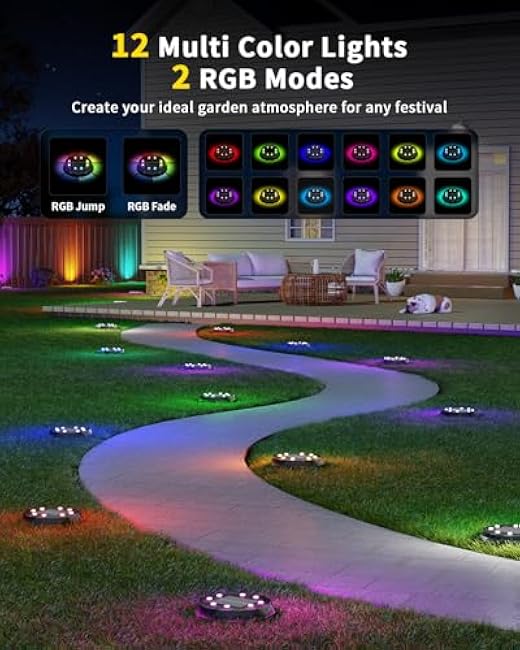Solar Ground Lights with Remote Control 50ft,IP67 Waterproof Solar Garden 15 Multi Color Lights,RGBYW Solar Powered Outdoor Landscape Lighting for Pathway,Yard,Deck,Lawn,Patio,Walkway,Poolside,10 Pack