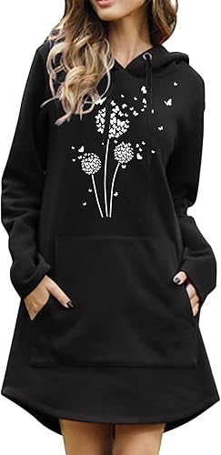 Jesaisque Vestidos para mujer vestido de manga larga para otoño cuello redondo estampado casual con vuelo corto con bolsillo