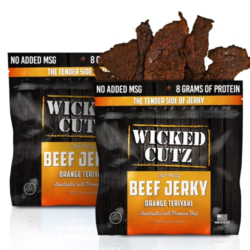 Image of Wicked Cutz Orange Teriyaki Beef Jerky, 24g Protein Per Bag, Tender & Easy to Chew Alternative to Teriyaki Beef Sticks, USA Made High Protein Carnivore Snacks (2 Bags)