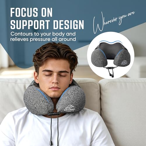 Image of SkytraxComf Travel Neck Pillow with Hood for Privacy on Long Flights | Memory Foam | Airplane Sleep | Safety-Tested Materials | Extra Large Hood | Chin Support | Earplugs | Washable Cover