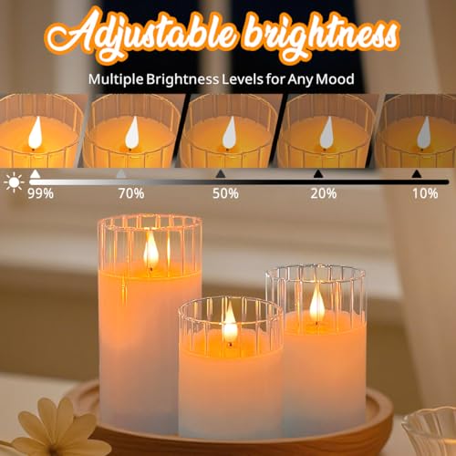 Image of LEDHOLYT Rechargeable Flameless Glass Pillar Candles - Remote & Timer - Set of 3 White Stripes Realistic Flickering LED Light, Ideal for Living Room, Bedroom & Holiday Decor& Gifts for Women