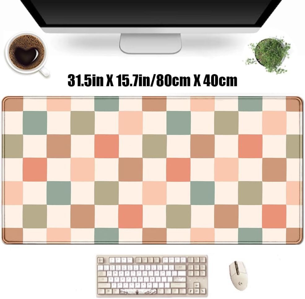 Boho Checkered Desk Mat, Retro Beige Plaid Mouse Pad Xl-31.5x15.7in-Pastel Desk Mousepad-Extended Aesthetic Keyboard Mouse Pad-for Kid Girl with Stitched Edges Non-Slip Office Decor