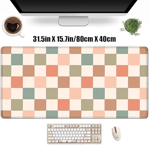 Miniatura 3 de Tapete de escritorio bohemio a cuadros, color beige retro, XL, 31.5 x 15.7 pulgadas, alfombrilla de mouse de escritorio con estética extendida, para