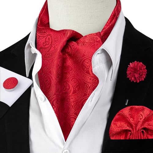 Image of DiBanGu Mens Silk Ascot Ties Paisley Jacquard Woven Cravat and Pocket Square Cufflinks with Lapel Pin for Business Wedding