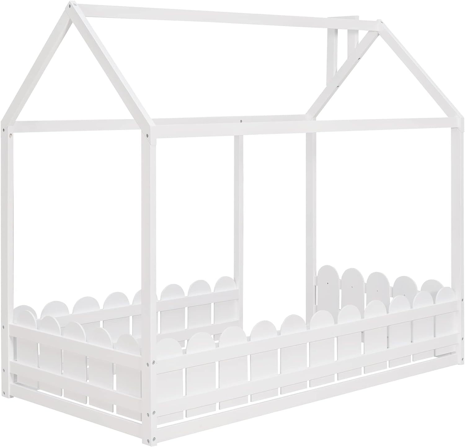 Bellemave Montessori Bed Frame Twin Size/House Bed Frames, House Floor Bed for Kids, Montessori Floor Bed with Fence, Door and Chimney,White