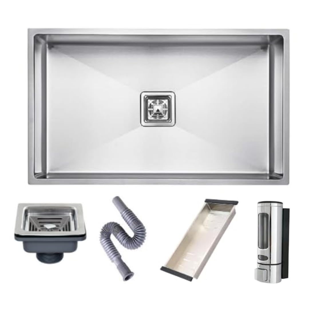 Bowls & More | Single Bowl | 27" x 18" x 10" | Handmade Kitchen Sink With Tray Basket & Soap Dispenser | 304-Grade Heavyduty Stainless Steel | Matt Finish (Silver) (B0D1CSMJ37) Amazon Price History, Amazon Price Tracker