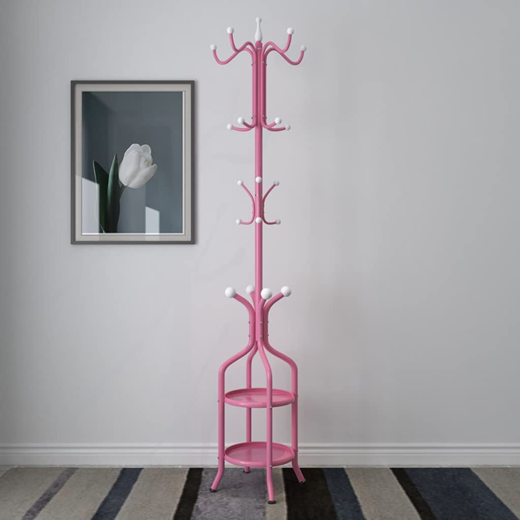 HYLYGFH Free Standing Metal Coat Rack Tree with 12 Hooks Umbrella Stand Shelves Entryway Hall Tree for Hats Clothes Handbags Pink Coat Rack Stand