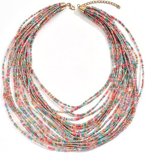 Bohemian Multi Layer Chunky Seed Beads Cluster Collar Choker Necklace for Women Summer Beach Holiday Party Jewelry