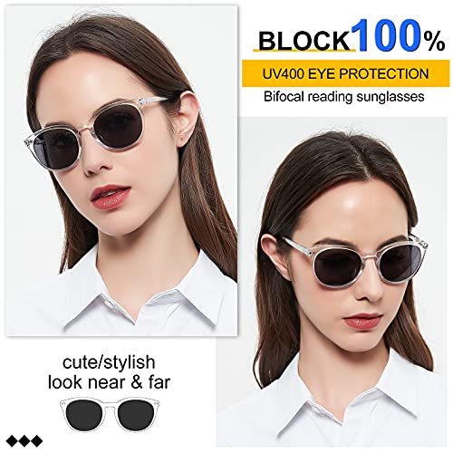 Image of MARE AZZURO Round Bifocal Reading Sunglasses Women Large Outdoor Readers 1.0 1.5 2.0 2.5 3.0 3.5 (Transparent, 1.50)