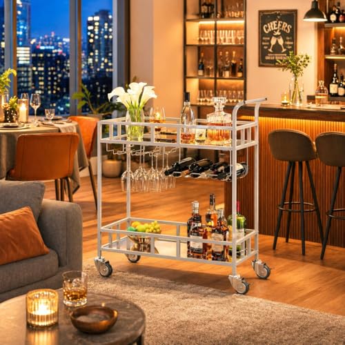 Doppeltcharms Sliver Bar Cart with 2 Mirrored Shelves Rolling Home Serving Cart with Wine Rack and Glass Holder Mobile Beverage Cart with 360 Wheels for Kitchen Dining Room & Parties
