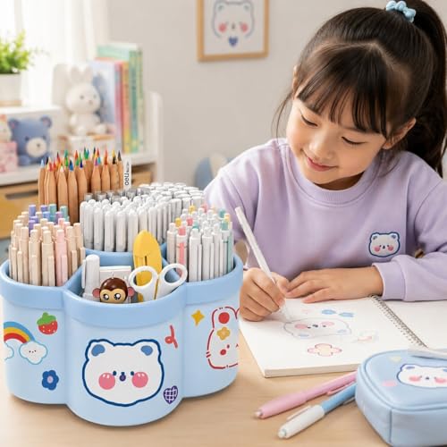 Image of Sumiko Sumiko 360 Degree Rotating Pen Holder Desk School Study Stationery Gift for Students Organiser with Pen and Pencil Holders Pen and Pencil Stationary Storage Plastic Storage Box (BLUE)