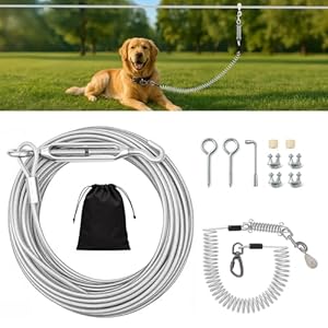 VST Dog Tie Out Runner for Yard,Dual Shock-Absorbing 50FT Dog Run Cable with Spring Lead,Chew Proof Zip Line for Outside Camping,Heavy Duty Trolley System for Small/Medium/Large Dogs Up to 250LBS