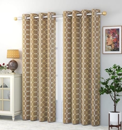 Image of Check Pattern Long Door Curtains for Living Room | Drawing Room Parde | Curtain Panel for Window, Brown Color 9 Feet 2 Pcs Set Curtains