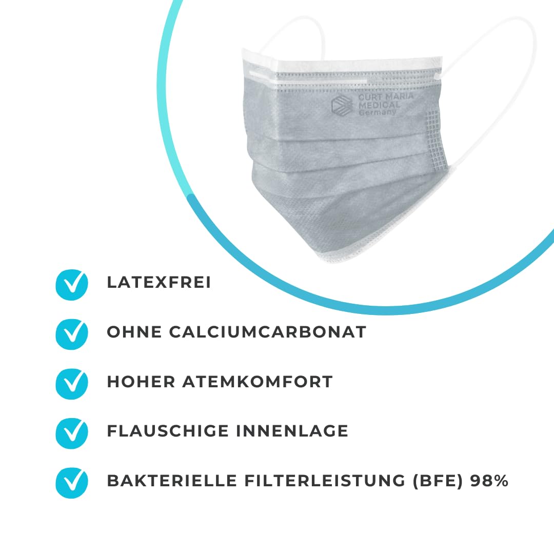 Curt Maria Medical 3-Ply Medical Masks con anelli per l'orecchio, grigio, confezione da 50