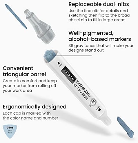 ARTEZA Alcohol Marker Pens, Set of 36 Grayscale Markers, Medium Chisel & Fine Tip, Art Supplies for Drawing & Sketching
