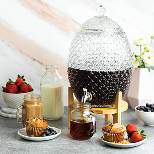 2.5 Gallon Glass Iced Beverage Dispenser With Stainless Steel Spigot Drink Dispenser On Wooden Stand - Chiseled Glass Style #TOP3