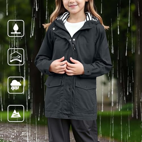Girls Rain Jacket Waterproof Windproof Hooded Windbreaker Preppy Solid Full Zip Button Down Raincoats with Pockets2