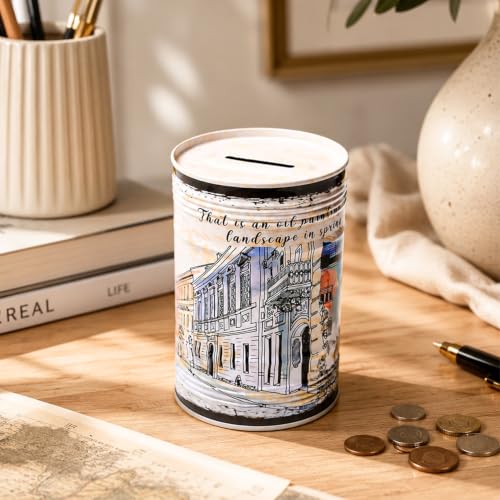Image of MARKET 99 White Round Money Bank | Glossy Tin Coin Bank with Vintage Theme Print | Decorative Piggy Bank for Kids & Adults | Cute Metal Savings Box for Home, Office Desk, Tabletop & Birthday Gift