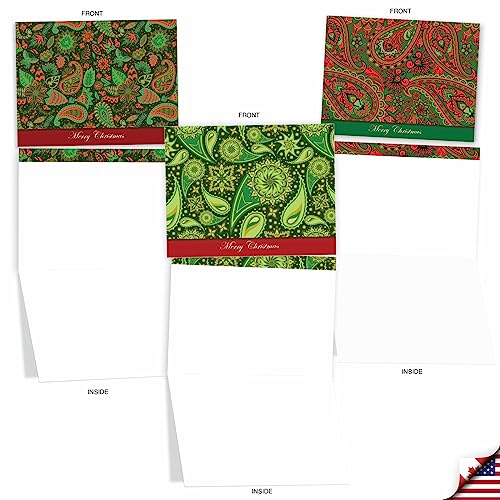 Image of The Best Card Company - 10 Blank Christmas Note Cards with Envelopes (4 x 5.12 Inch) - Fun Assorted Holiday Notecard Set - Christmas Paisley M2943XSB